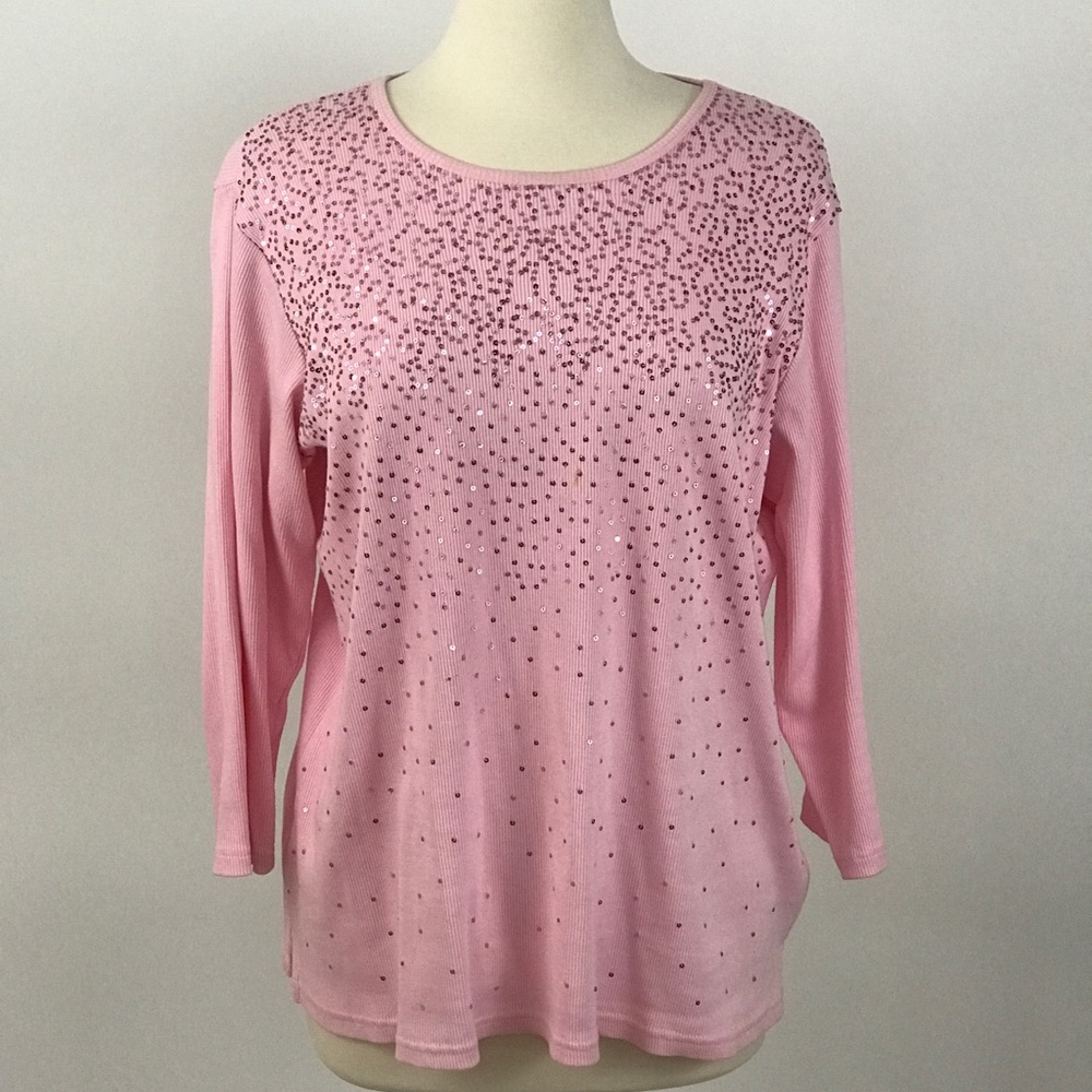 Quacker Factory pink sequin Tee Large, 3/4 sleeve